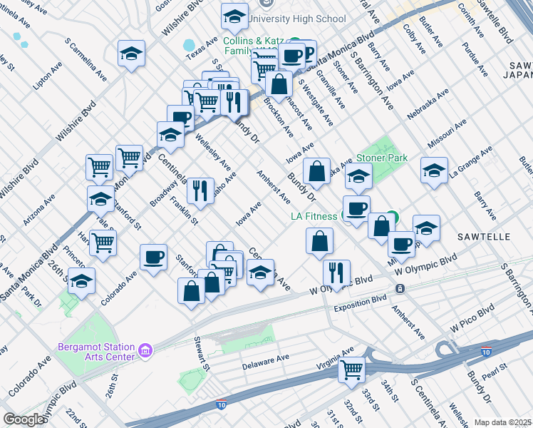 map of restaurants, bars, coffee shops, grocery stores, and more near 1719 Wellesley Avenue in Los Angeles
