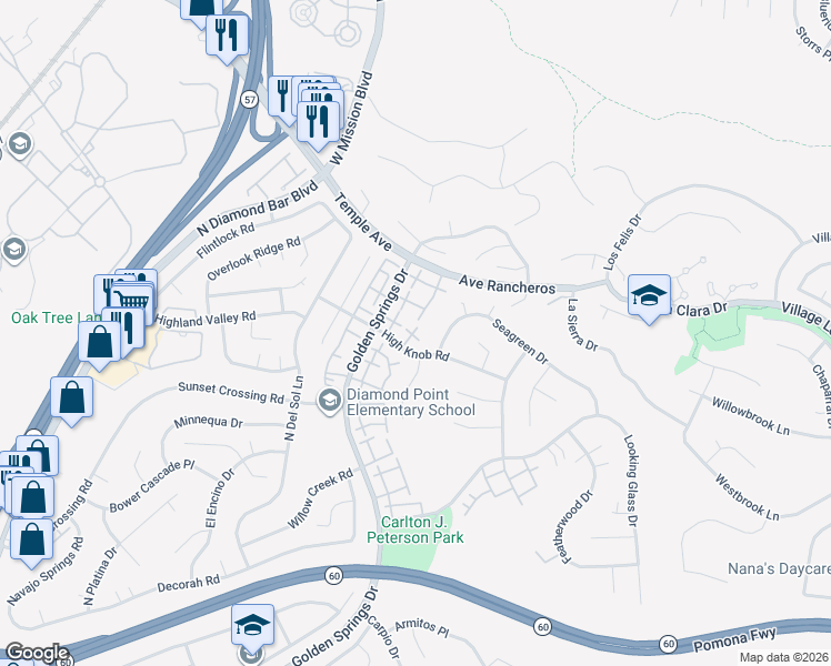 map of restaurants, bars, coffee shops, grocery stores, and more near 24161 High Knob Road in Diamond Bar