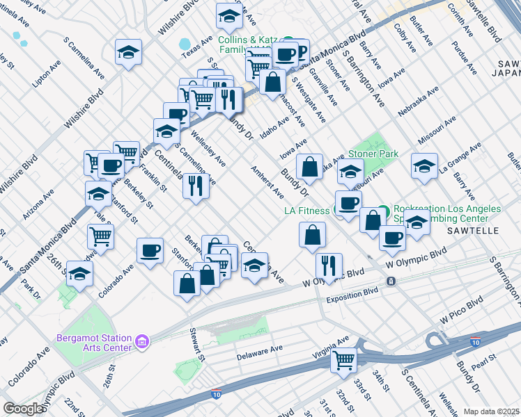 map of restaurants, bars, coffee shops, grocery stores, and more near 1719 Wellesley Avenue in Los Angeles