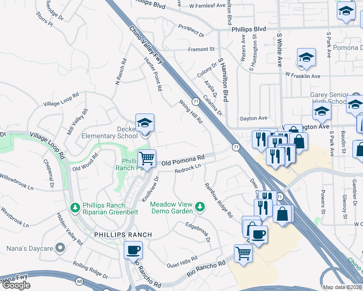 map of restaurants, bars, coffee shops, grocery stores, and more near 26 Viewpoint Circle in Pomona