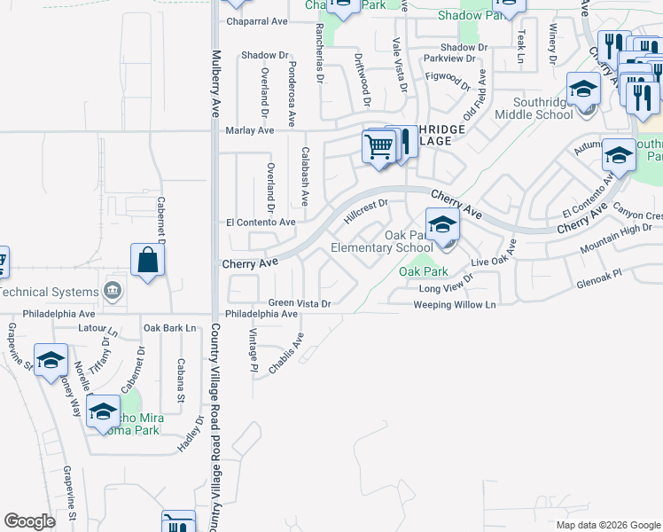 map of restaurants, bars, coffee shops, grocery stores, and more near 12006 Glenheather Drive in Fontana