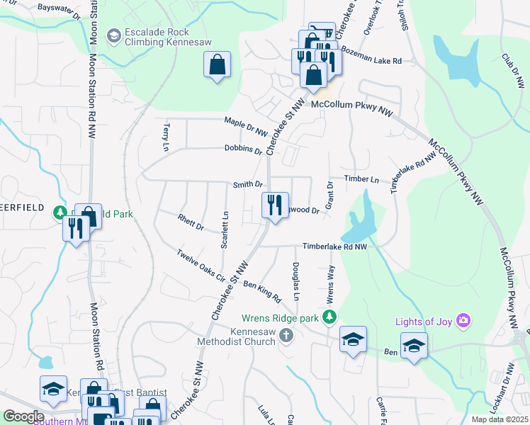 map of restaurants, bars, coffee shops, grocery stores, and more near 3348 Cranston Lane in Kennesaw