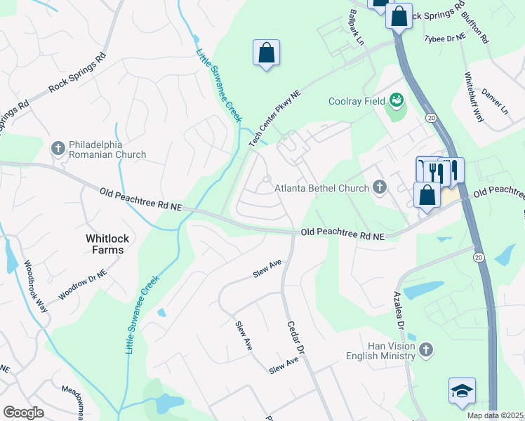 map of restaurants, bars, coffee shops, grocery stores, and more near 2437 Clock Face Court in Lawrenceville