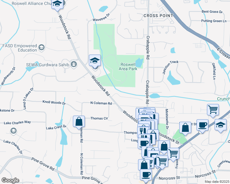 map of restaurants, bars, coffee shops, grocery stores, and more near 120 Park Bridge Lane in Roswell