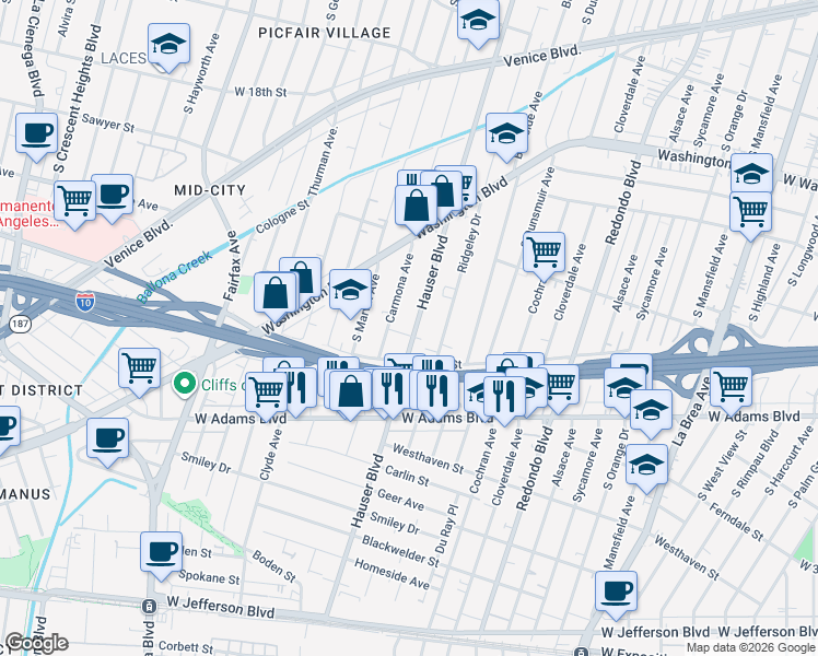map of restaurants, bars, coffee shops, grocery stores, and more near 2333 Hauser Boulevard in Los Angeles