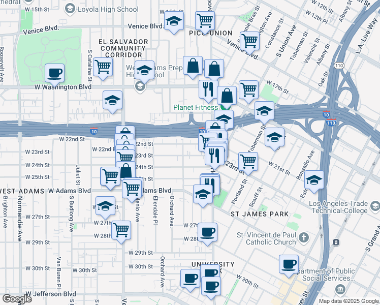 map of restaurants, bars, coffee shops, grocery stores, and more near 1275 West 23rd Street in Los Angeles