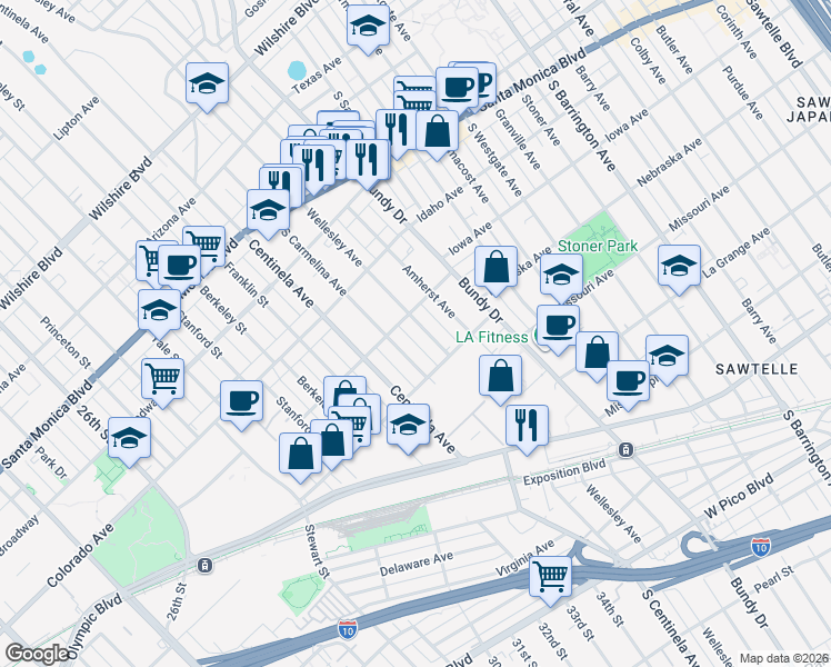 map of restaurants, bars, coffee shops, grocery stores, and more near 1719 Wellesley Avenue in Los Angeles