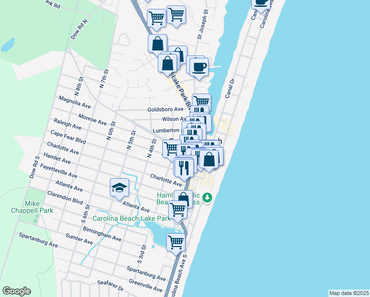 map of restaurants, bars, coffee shops, grocery stores, and more near 210 Harper Avenue in Carolina Beach