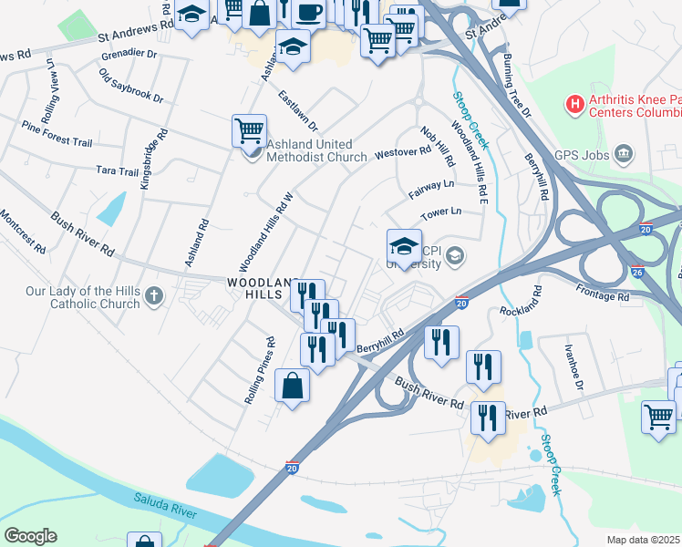 map of restaurants, bars, coffee shops, grocery stores, and more near 2221 Bush River Road in Columbia
