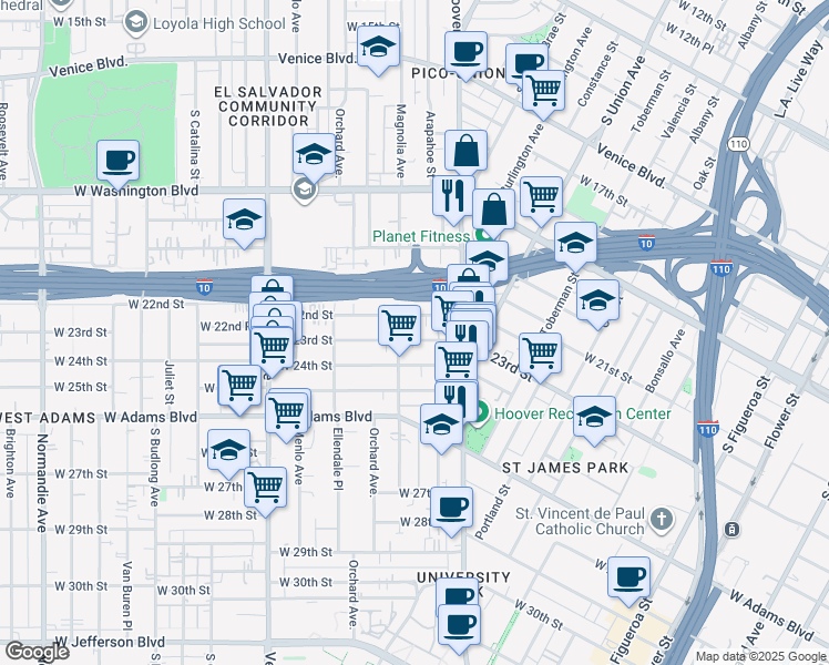 map of restaurants, bars, coffee shops, grocery stores, and more near 1275 West 23rd Street in Los Angeles