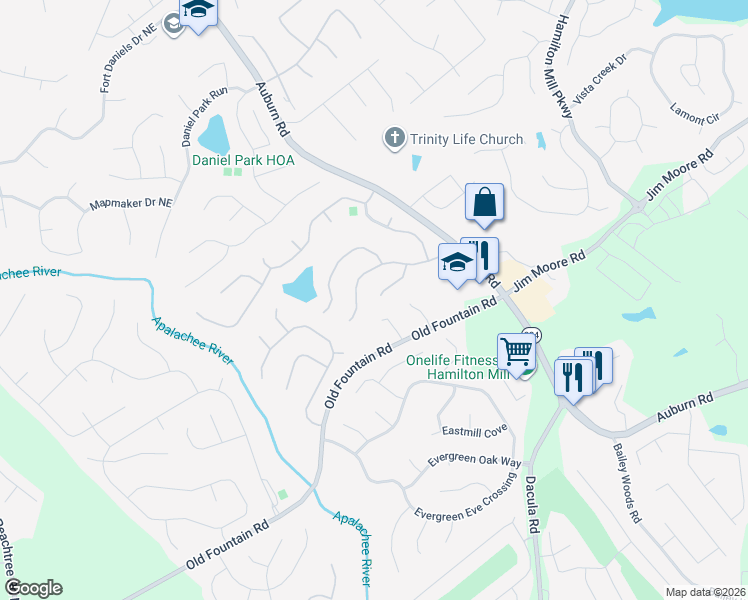 map of restaurants, bars, coffee shops, grocery stores, and more near 2902 Belfaire Crest Court in Dacula