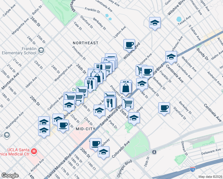 map of restaurants, bars, coffee shops, grocery stores, and more near 1256 Princeton Street in Santa Monica