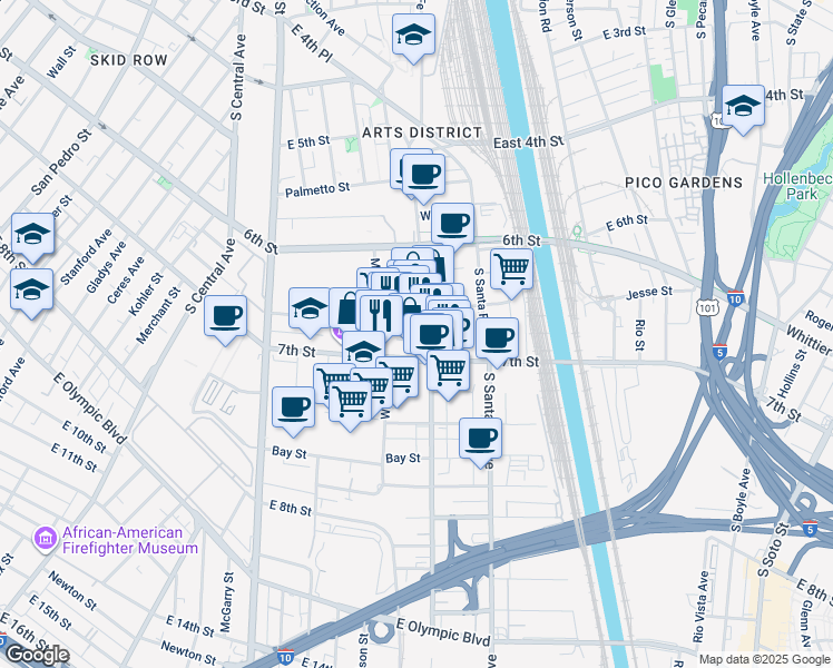 map of restaurants, bars, coffee shops, grocery stores, and more near 1850 Industrial Street in Los Angeles