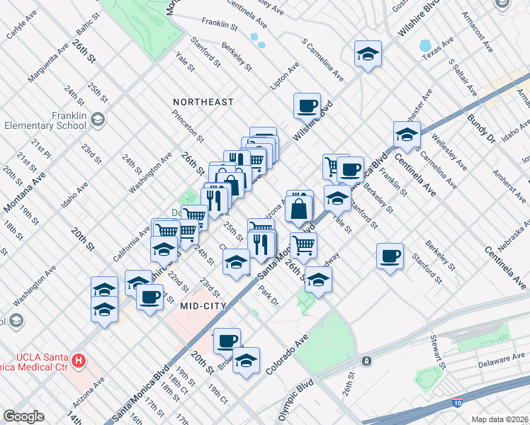 map of restaurants, bars, coffee shops, grocery stores, and more near 1256 Princeton Street in Santa Monica
