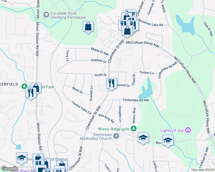 map of restaurants, bars, coffee shops, grocery stores, and more near 3352 Cranston Lane in Kennesaw