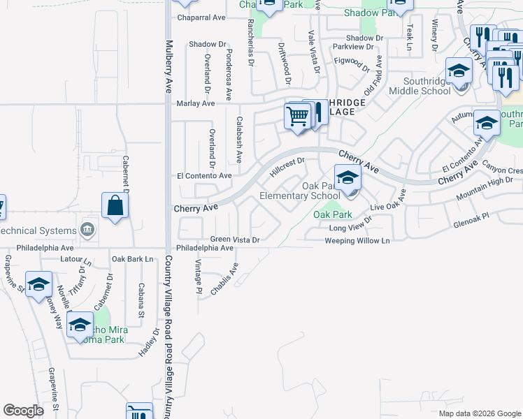 map of restaurants, bars, coffee shops, grocery stores, and more near 12006 Glenheather Drive in Fontana