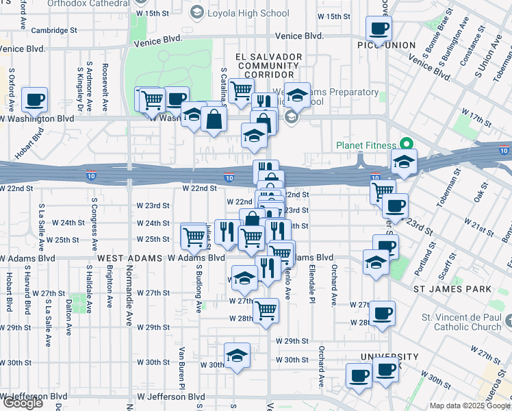 map of restaurants, bars, coffee shops, grocery stores, and more near 1546 West 23rd Street in Los Angeles