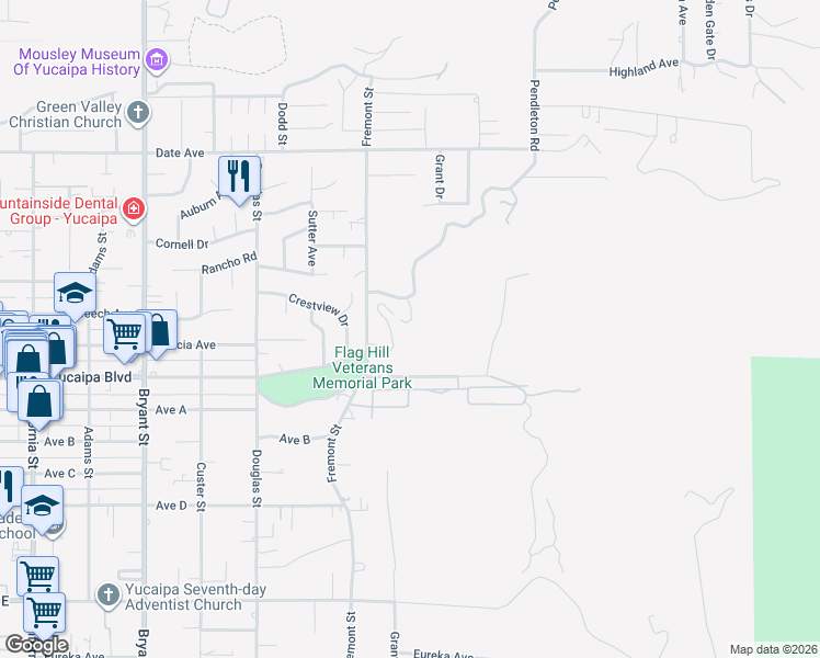 map of restaurants, bars, coffee shops, grocery stores, and more near 11945 Pendleton Road in Yucaipa