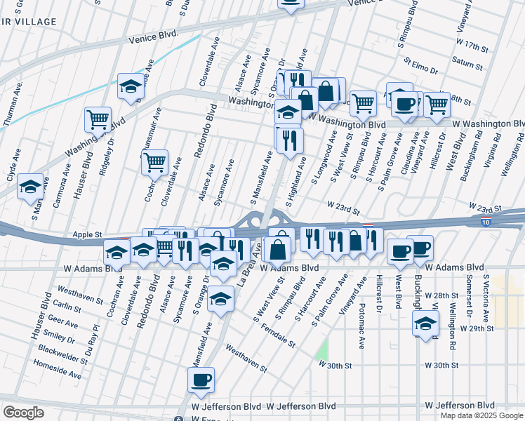 map of restaurants, bars, coffee shops, grocery stores, and more near 5039 Bangor Street in Los Angeles