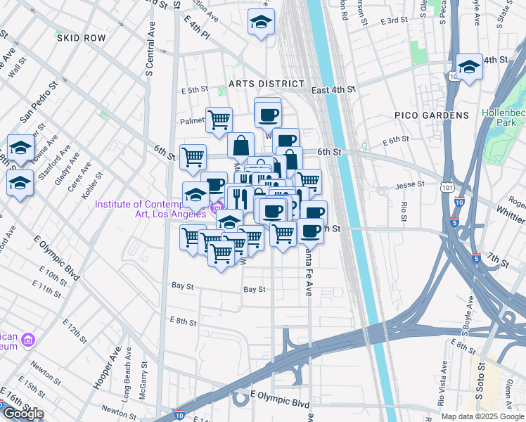 map of restaurants, bars, coffee shops, grocery stores, and more near 1850 Industrial Street in Los Angeles