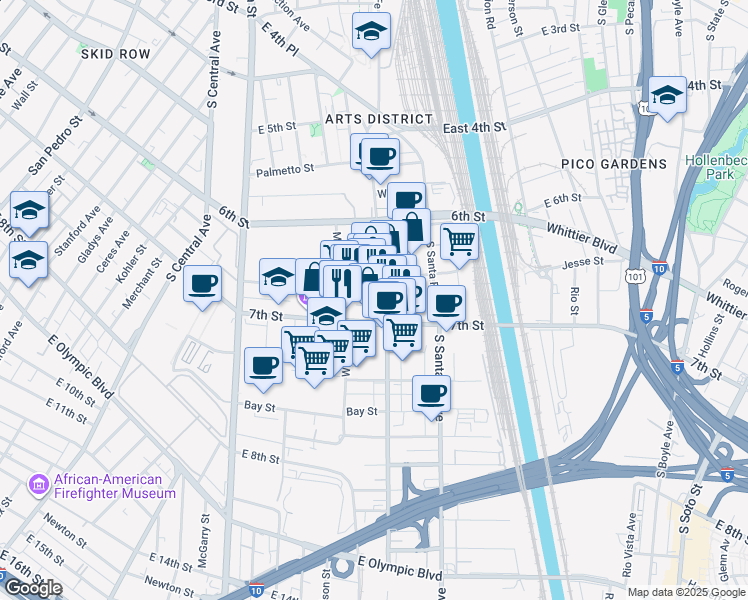 map of restaurants, bars, coffee shops, grocery stores, and more near 1850 Industrial Street in Los Angeles