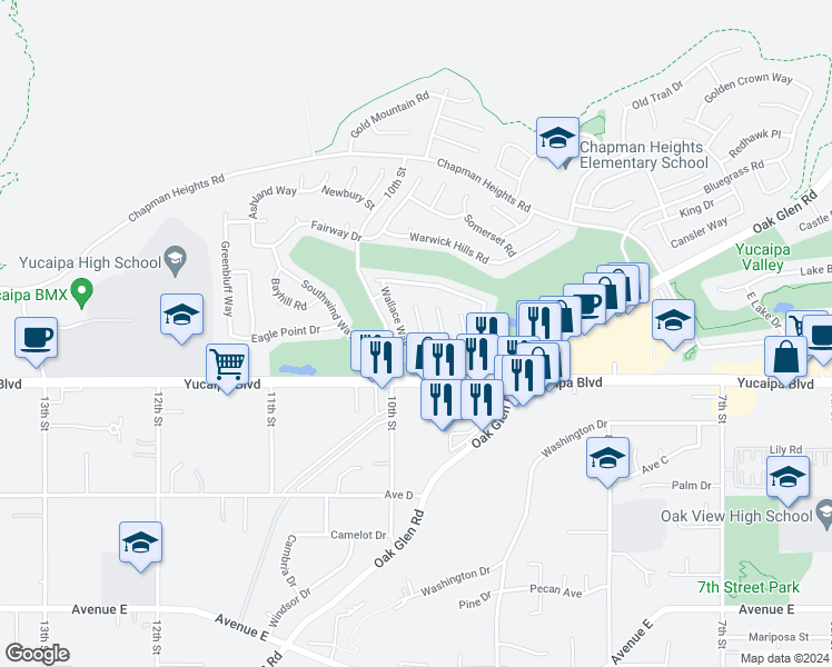 map of restaurants, bars, coffee shops, grocery stores, and more near 11966 Glacier Court in Yucaipa