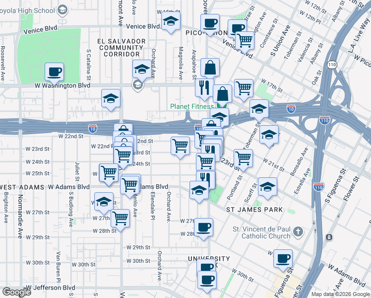 map of restaurants, bars, coffee shops, grocery stores, and more near 1277 West 23rd Street in Los Angeles