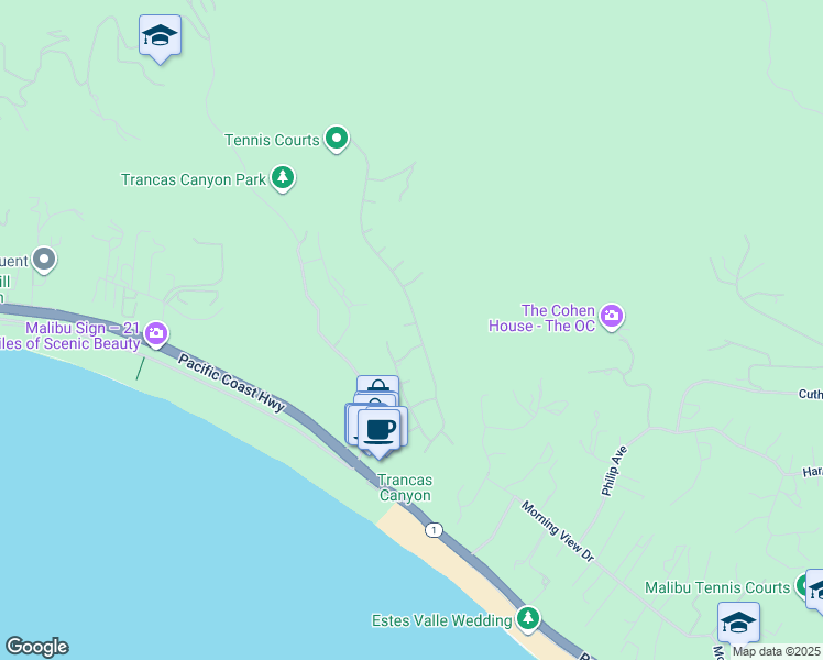 map of restaurants, bars, coffee shops, grocery stores, and more near 30702 Monte Lado Drive in Malibu