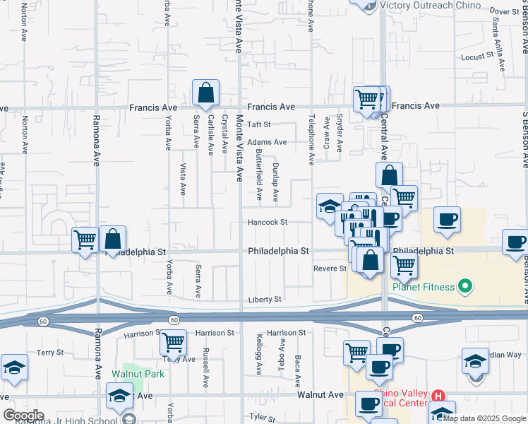 map of restaurants, bars, coffee shops, grocery stores, and more near 4965 Independence Street in Chino