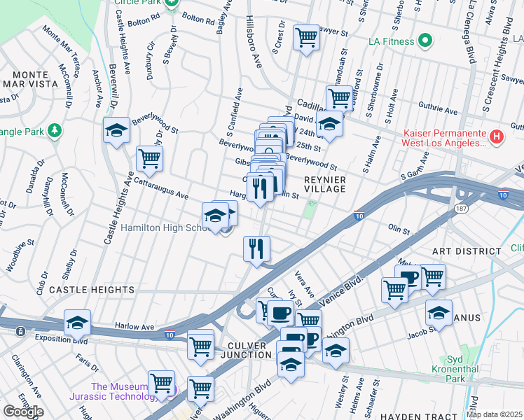 map of restaurants, bars, coffee shops, grocery stores, and more near 2868 South Robertson Boulevard in Los Angeles