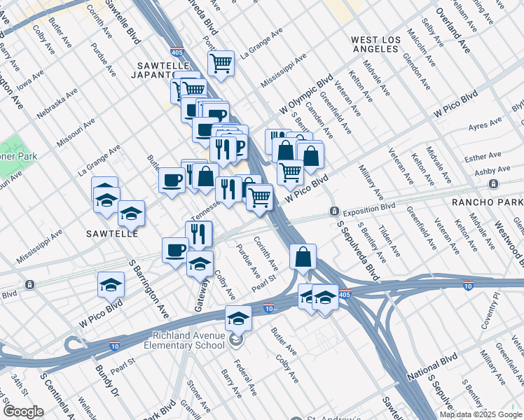 map of restaurants, bars, coffee shops, grocery stores, and more near 1522 Sawtelle Boulevard in Los Angeles