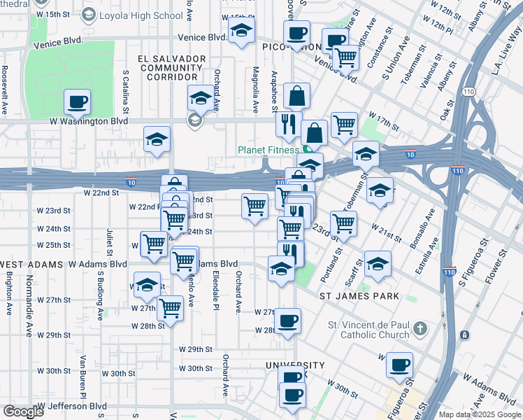 map of restaurants, bars, coffee shops, grocery stores, and more near 1277 West 23rd Street in Los Angeles