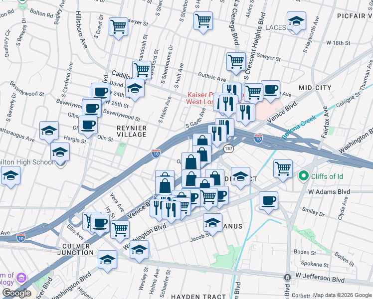 map of restaurants, bars, coffee shops, grocery stores, and more near 2629 South Garth Avenue in Los Angeles