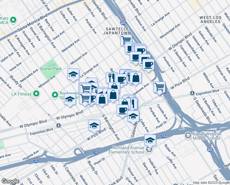 map of restaurants, bars, coffee shops, grocery stores, and more near 2231 Colby Avenue in Los Angeles
