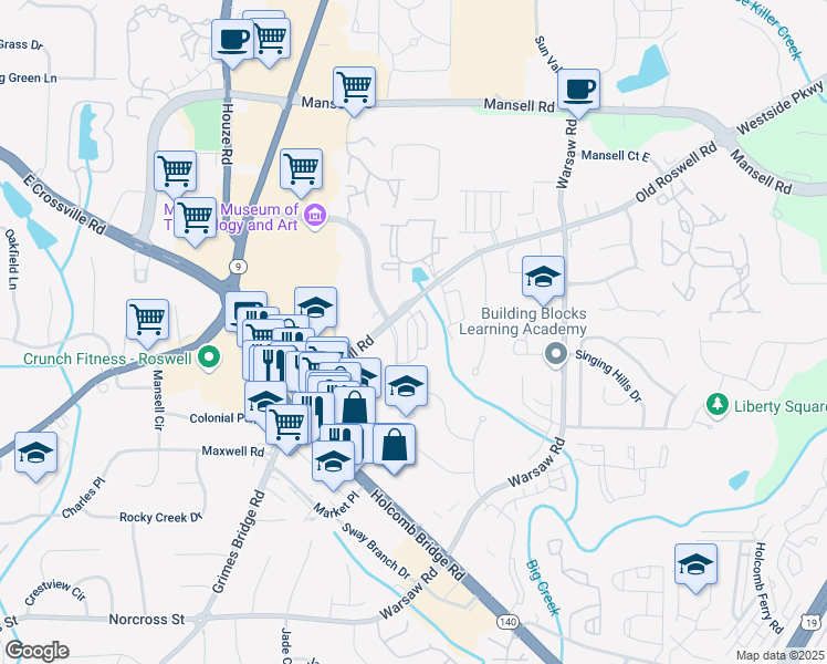 map of restaurants, bars, coffee shops, grocery stores, and more near 801 Old Roswell Road in Roswell
