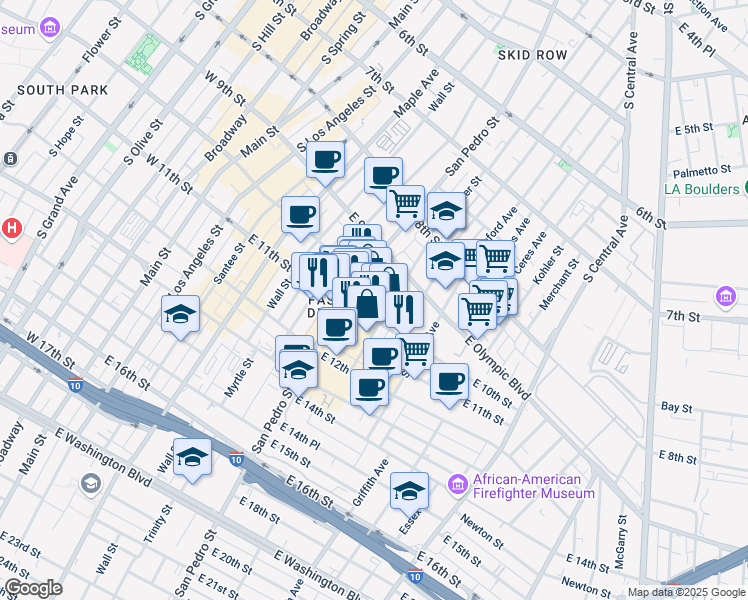 map of restaurants, bars, coffee shops, grocery stores, and more near 1001 Crocker Street in Los Angeles