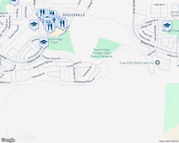 map of restaurants, bars, coffee shops, grocery stores, and more near 11989 Suzanne Drive in Fontana