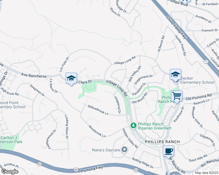 map of restaurants, bars, coffee shops, grocery stores, and more near 51 Silverwood Lane in Pomona