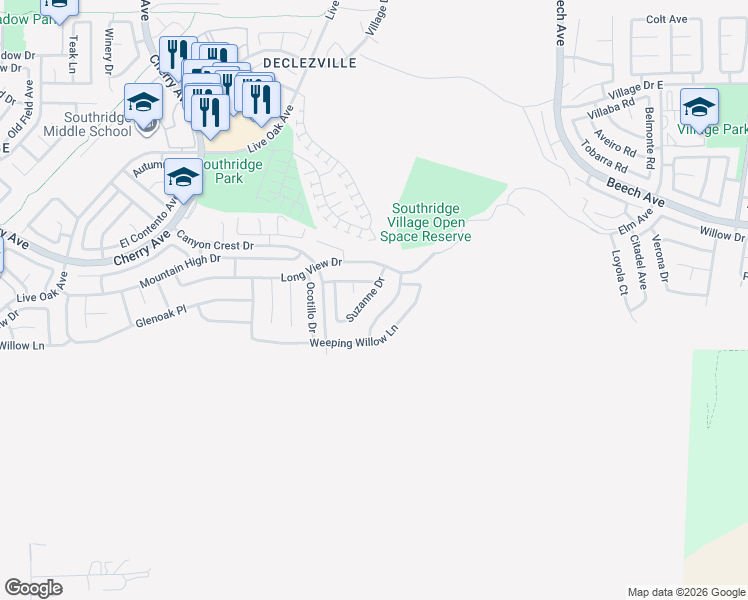 map of restaurants, bars, coffee shops, grocery stores, and more near 11989 Suzanne Drive in Fontana