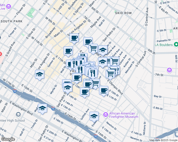 map of restaurants, bars, coffee shops, grocery stores, and more near 929 Towne Avenue in Los Angeles