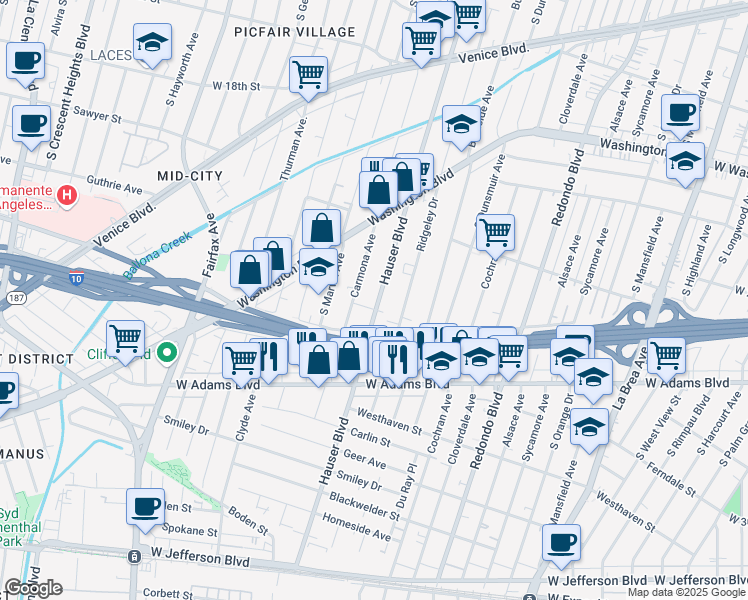 map of restaurants, bars, coffee shops, grocery stores, and more near 2331 Hauser Boulevard in Los Angeles
