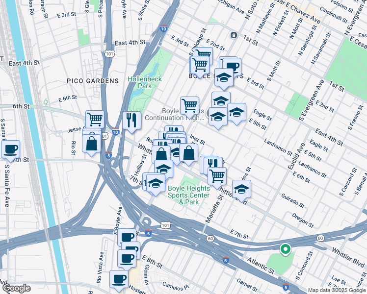 map of restaurants, bars, coffee shops, grocery stores, and more near 702 South Soto Street in Los Angeles
