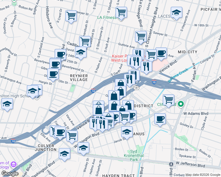 map of restaurants, bars, coffee shops, grocery stores, and more near 2629 South Garth Avenue in Los Angeles