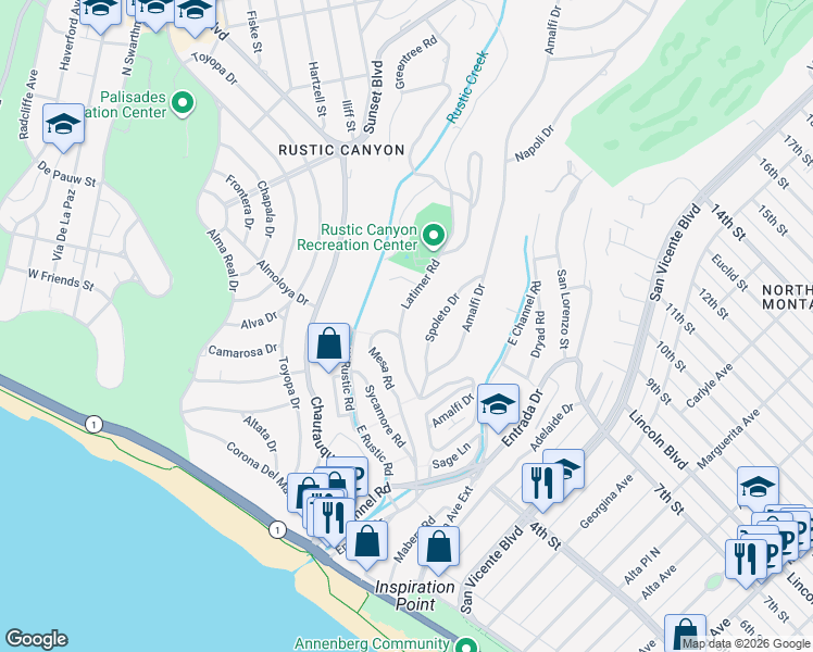 map of restaurants, bars, coffee shops, grocery stores, and more near 516 Latimer Road in Santa Monica