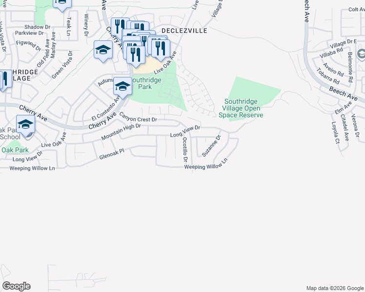 map of restaurants, bars, coffee shops, grocery stores, and more near 12037 Ocotillo Drive in Fontana