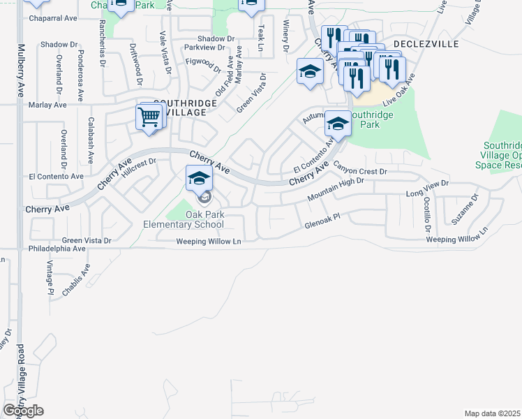 map of restaurants, bars, coffee shops, grocery stores, and more near 12025 Kenwood Drive in Fontana