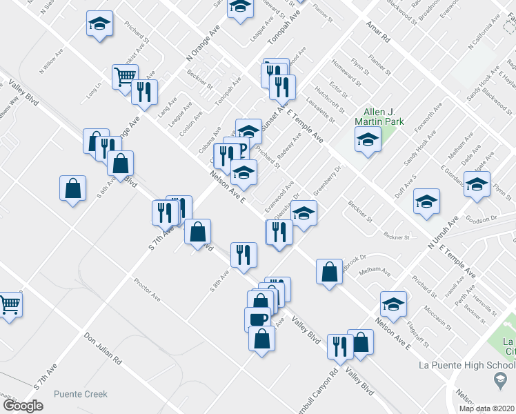 map of restaurants, bars, coffee shops, grocery stores, and more near 14753 Nelson Avenue East in La Puente