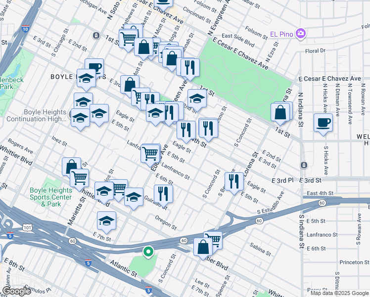 map of restaurants, bars, coffee shops, grocery stores, and more near 3041 East 5th Street in Los Angeles