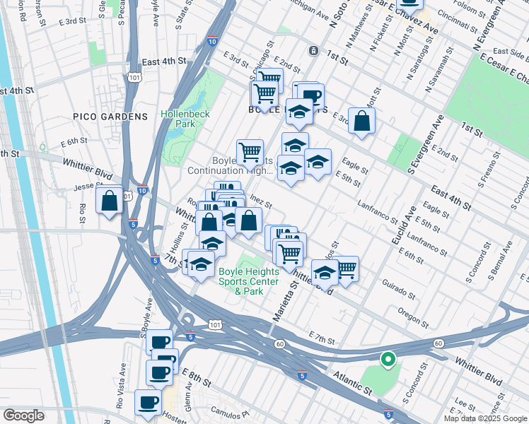 map of restaurants, bars, coffee shops, grocery stores, and more near 701 South Mathews Street in Los Angeles