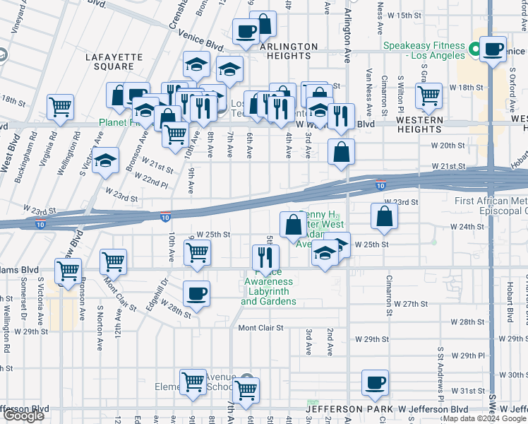 map of restaurants, bars, coffee shops, grocery stores, and more near 2411 5th Avenue in Los Angeles